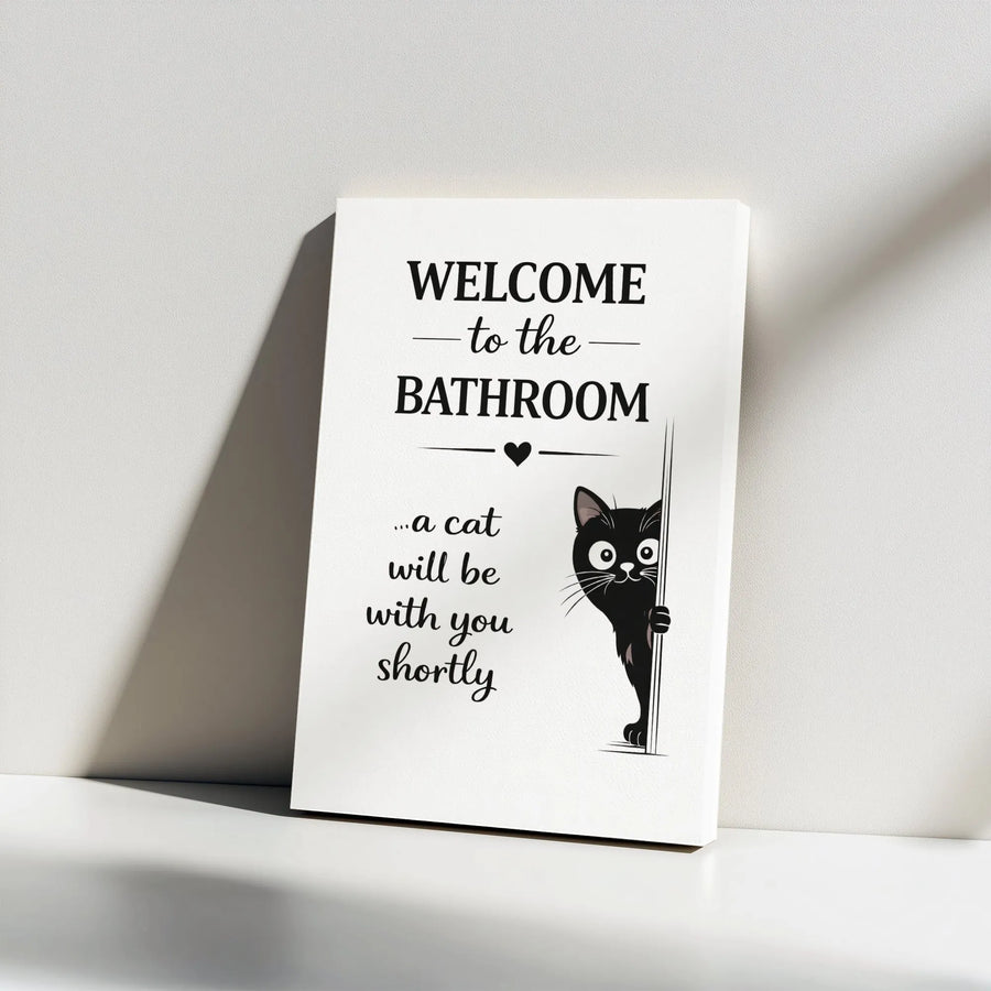 Welcome To The Bathroom Canvas Wall Art | Funny Peeking Black Cat Decor | Premium Gallery Wrapped Print | Unique Housewarming Gift For Cat Lovers