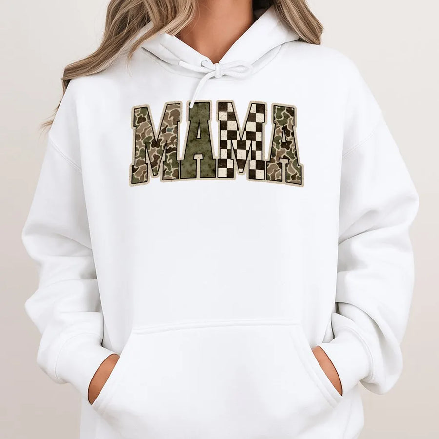 Mama Graphic Hoodie | Camo & Checkered Block Letter Design | Premium Soft Cotton Shirt | Trendy Gift for New Mom, Boy Mom