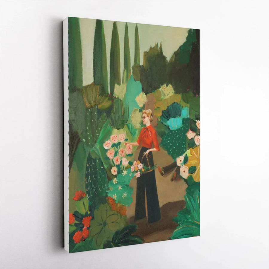 Mid-Century Modern Woman in Garden Vertical Canvas | Elegant Lady Picking Flowers Art | Premium Gallery Wrapped Canvas | Collector's Living Room Wall Decor Gift