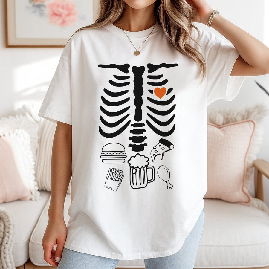 Skeleton Foodie T-Shirt | Funny X-Ray Junk Food Graphic | Premium 100% Cotton | Gift for Dad New Father Birthday Halloween Costume