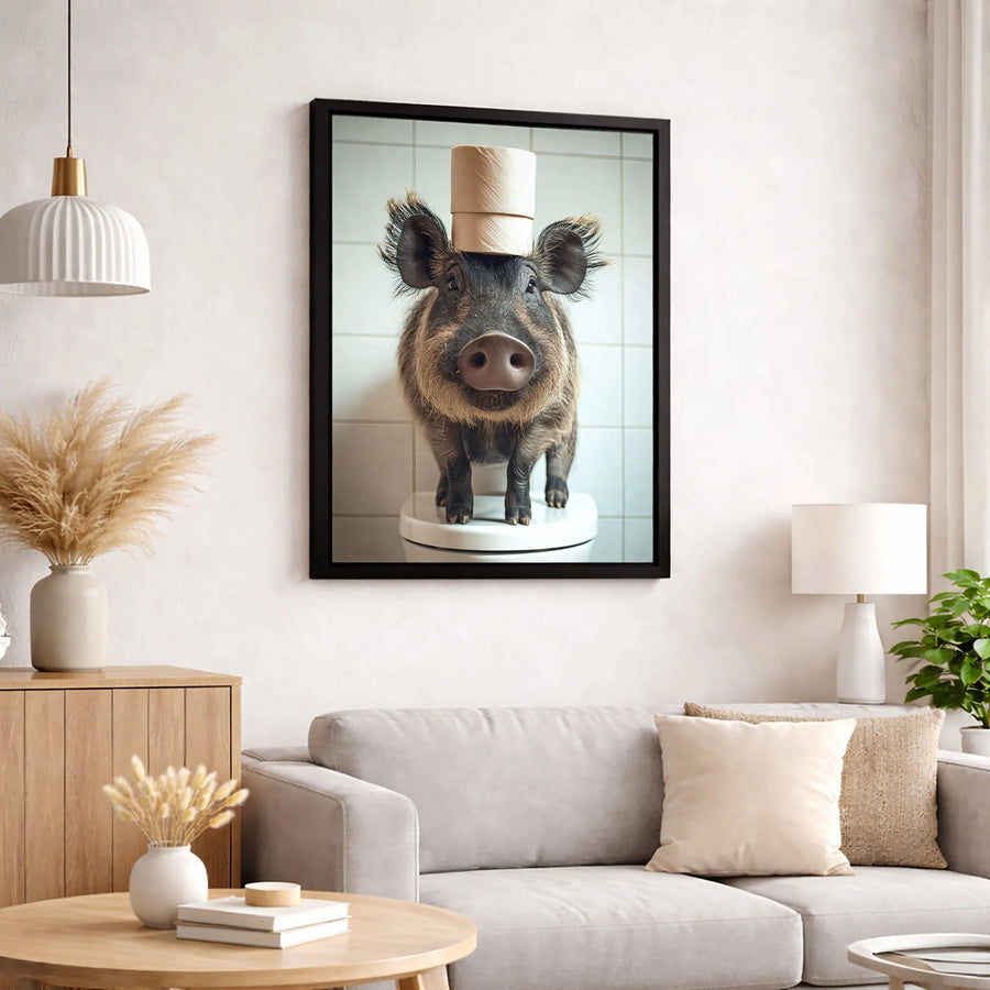 Funny Boar Bathroom Wall Art | Whimsical Pig on Toilet with Toilet Paper | Premium Canvas Gallery Wrap | Unique Restroom Decor Gift for Animal Lovers