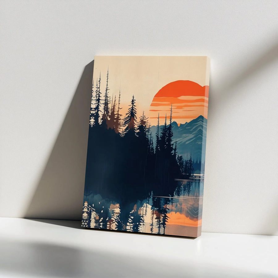 Mountain Sunset Canvas Wall Art | Minimalist Pine Tree Forest & Lake Scene | Premium Gallery Wrap Print | Modern Cabin Decor Gift for Nature Lover