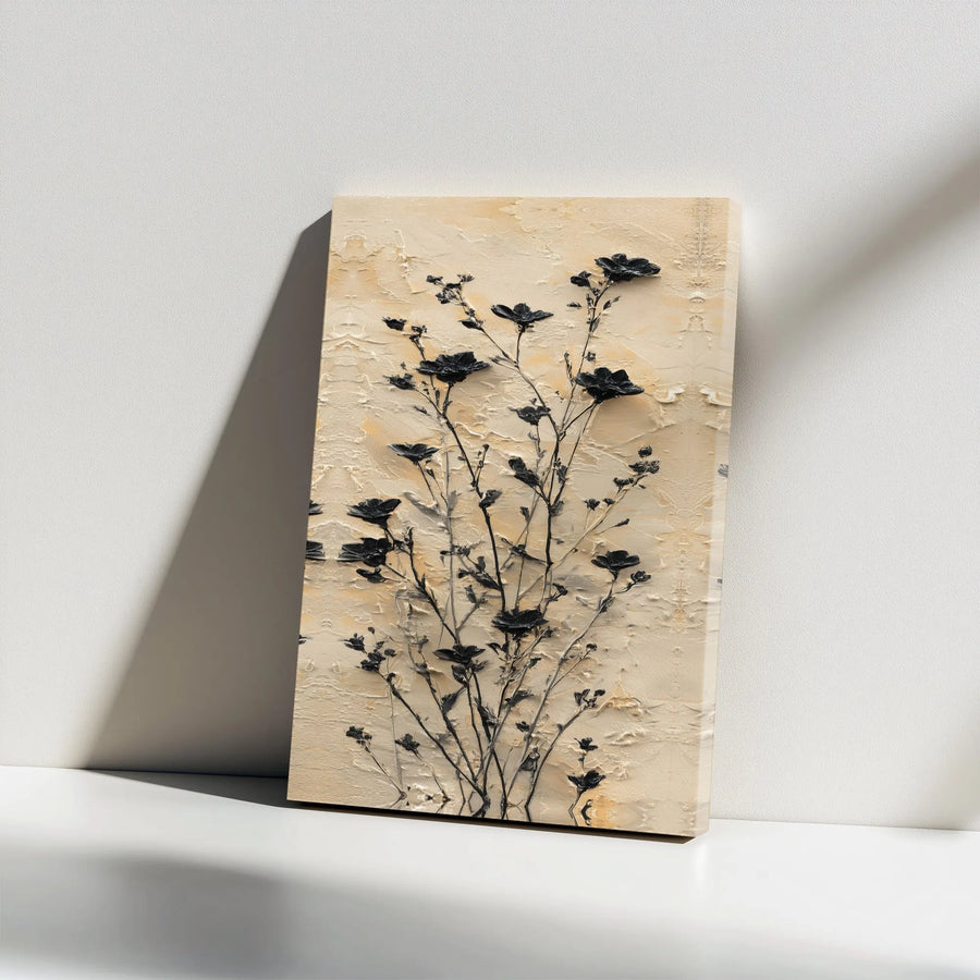 Textured Floral Canvas Wall Art | Minimalist 3D Effect Black Flower Art | Premium Gallery Wrap Canvas | Modern Home Decor Gift