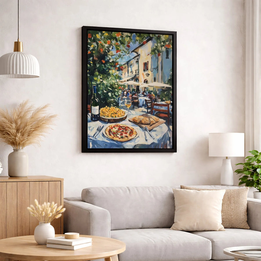 Italian Cafe Canvas Art | Romantic Street Scene With Pizza And Wine | Premium Gallery Wrap Print | Kitchen Wall Decor Gift