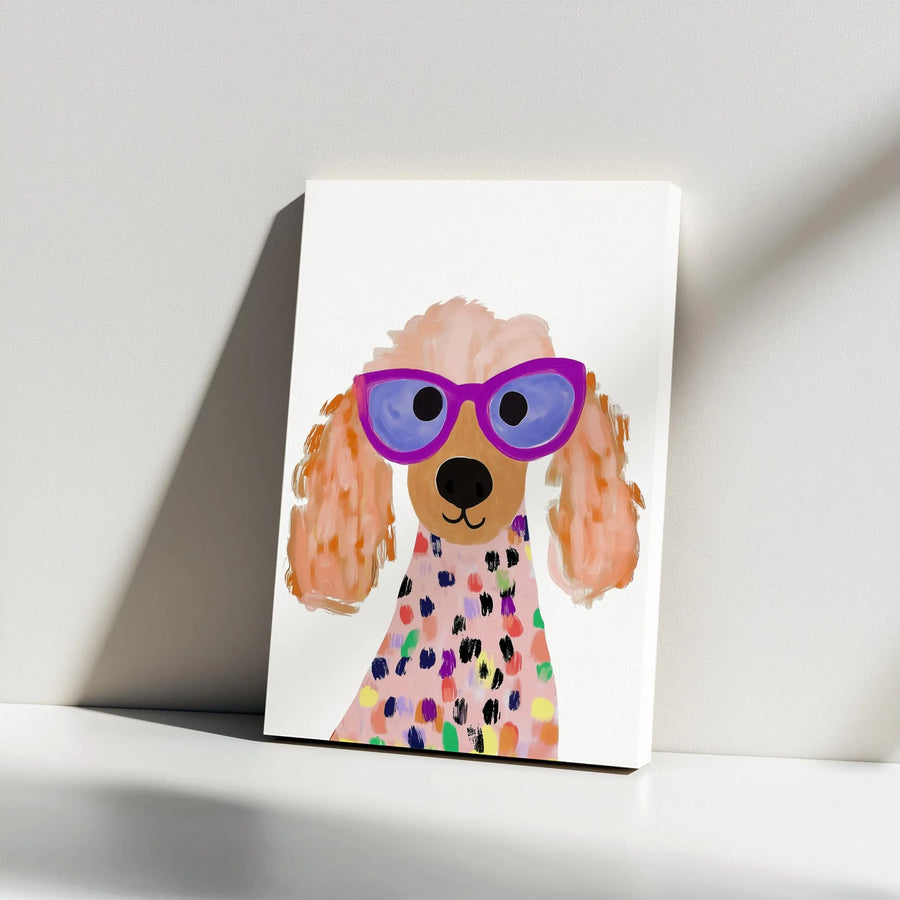 Whimsical Poodle Canvas Wall Art | Colorful Dog with Sunglasses Portrait | Premium Gallery Wrap Print | Fun Modern Decor for Dog Lovers