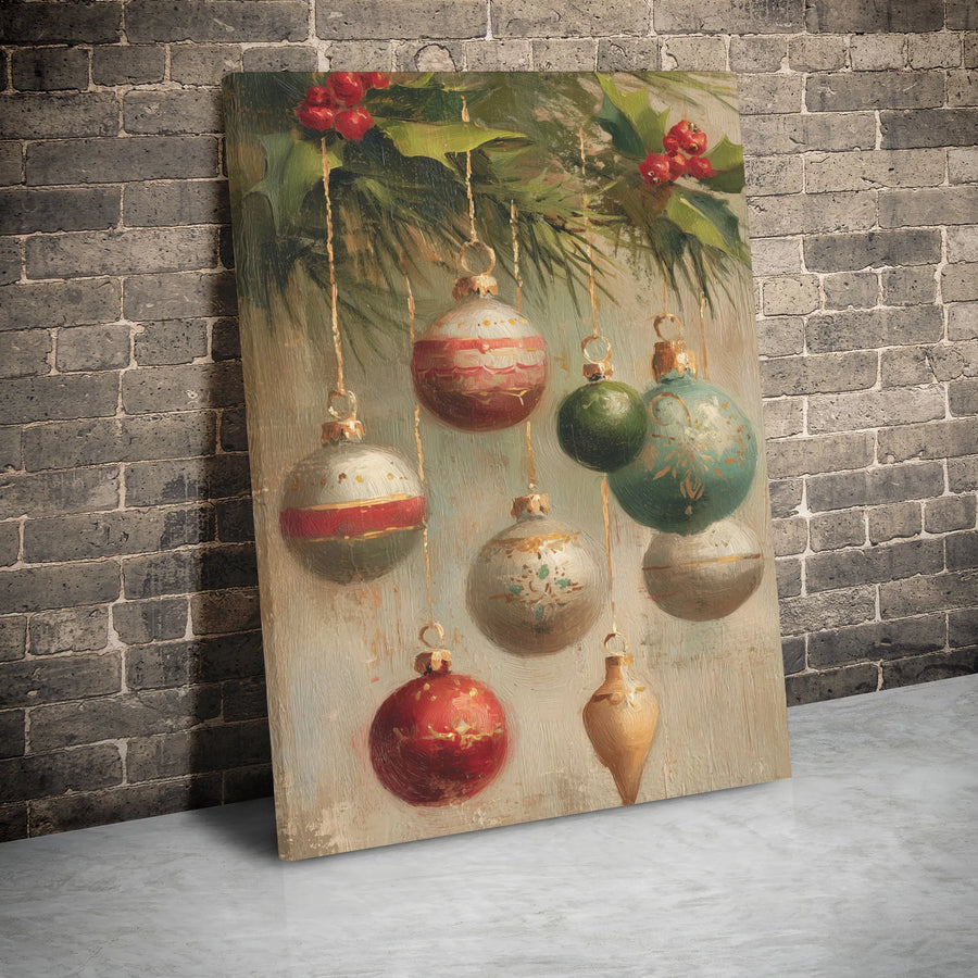 Vintage Christmas Ornament Canvas | Festive Holly Berries Painting | Gallery Wrap Wall Art | Premium Seasonal Holiday Decor Gift