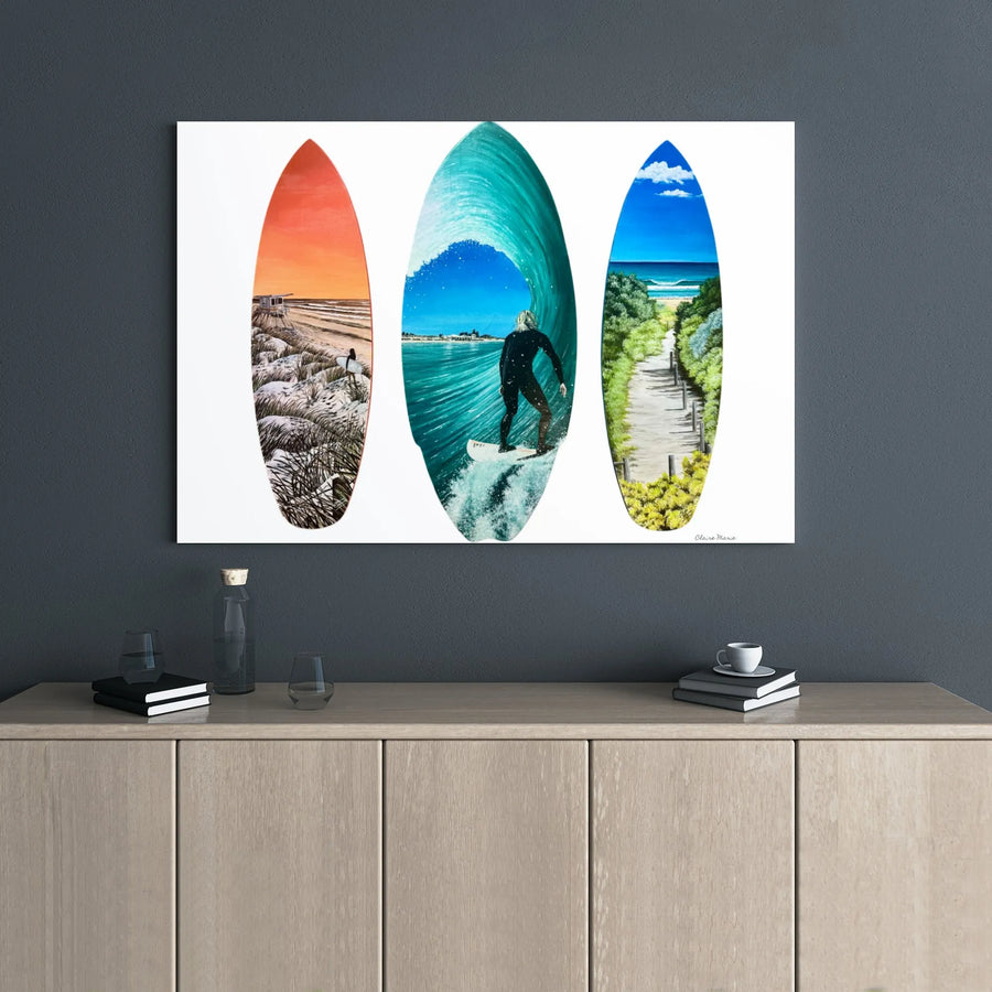 Surfboard Wall Art Canvas | Tropical Beach Scene Triptych | Premium 1.25-inch Gallery Wrap | Coastal Decor Gift for Surfers