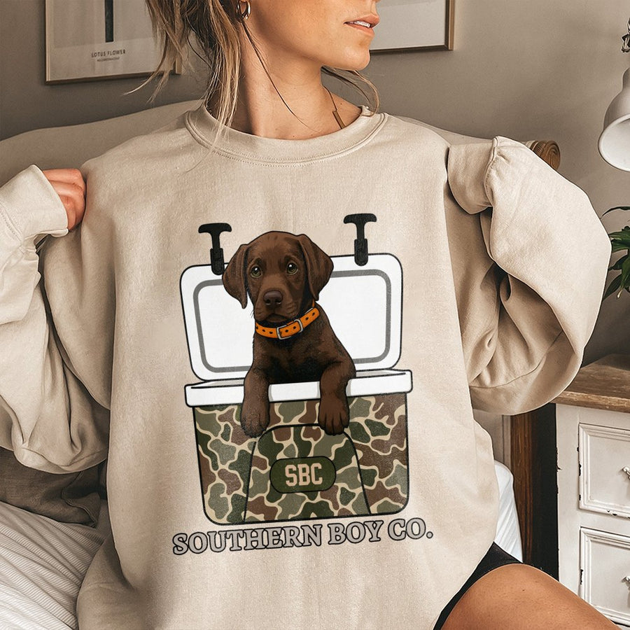 Chocolate Lab Sweatshirt | Camo Cooler Puppy Graphic | Premium Cotton Blend Crewneck | Outdoor Dog Lover Gift for Him and Her