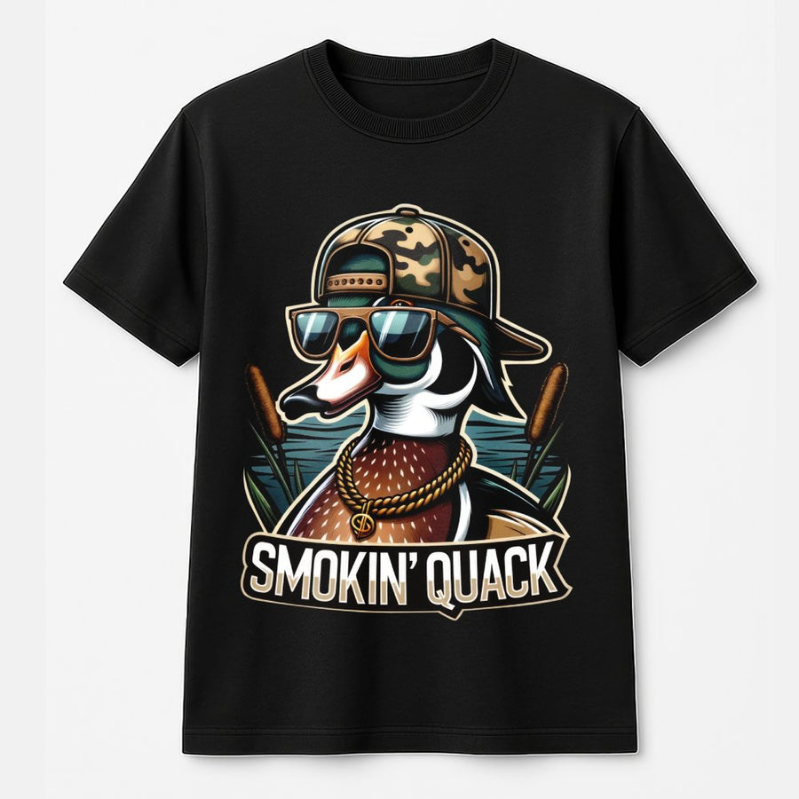 Smokin Quack Duck T-Shirt | Funny Hunter Camo Hat Design | 100% Cotton Premium Apparel | Gift for Duck Hunters and Outdoorsmen