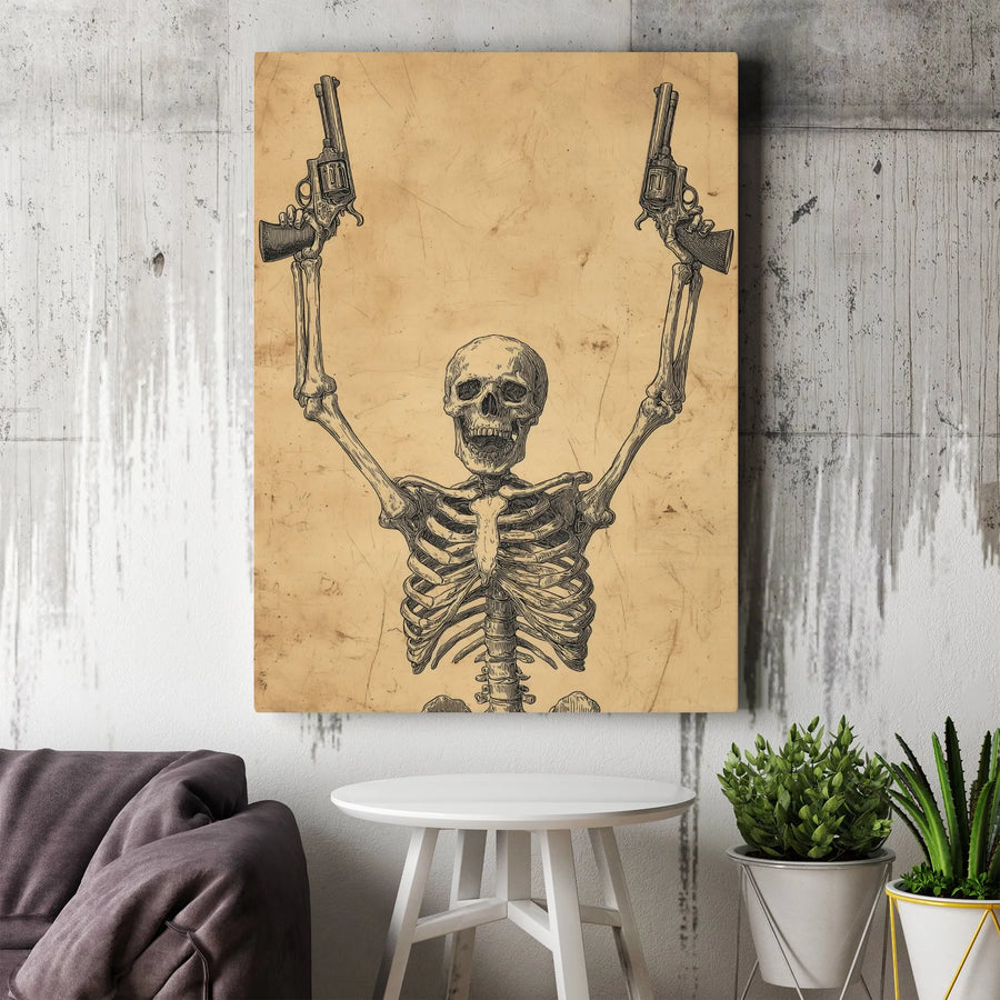 Skeleton With Revolvers Canvas Wall Art | Vintage Western Gothic Sketch Print | Premium Gallery Wrap Decor | Edgy Home Office Decor Gift