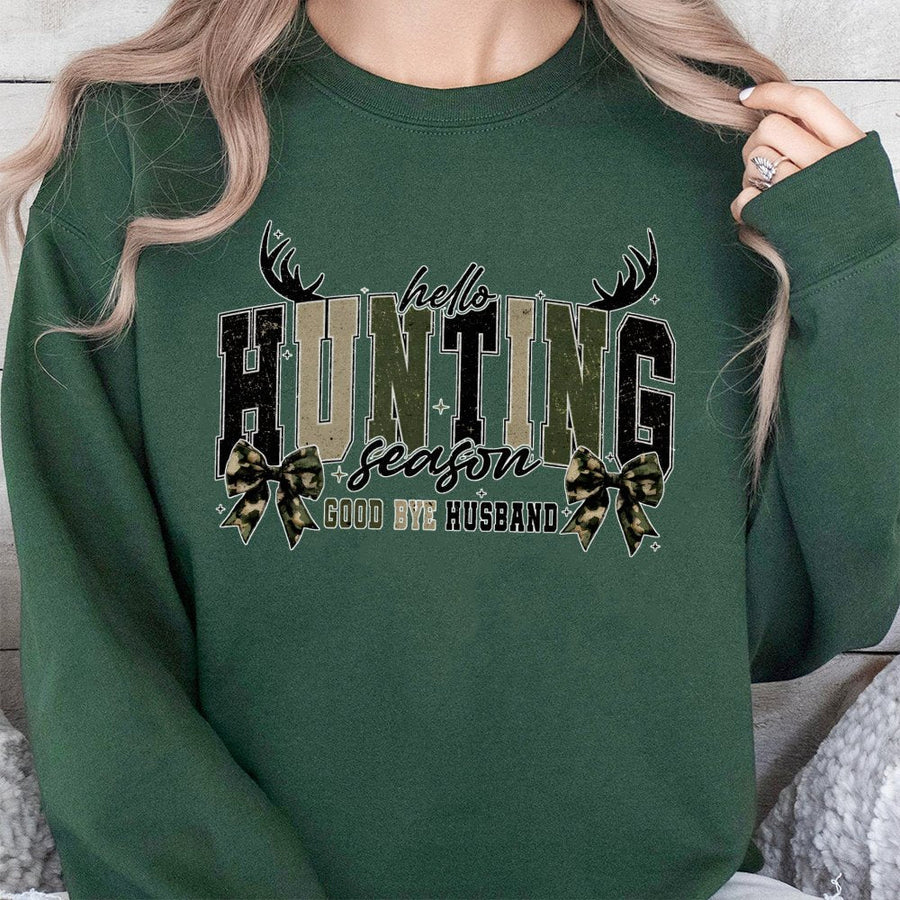 Hello Hunting Season Goodbye Husband Sweatshirt | Camo Coquette Bow Graphic | Premium Cotton Blend | Funny Hunter Wife Gift For Fall