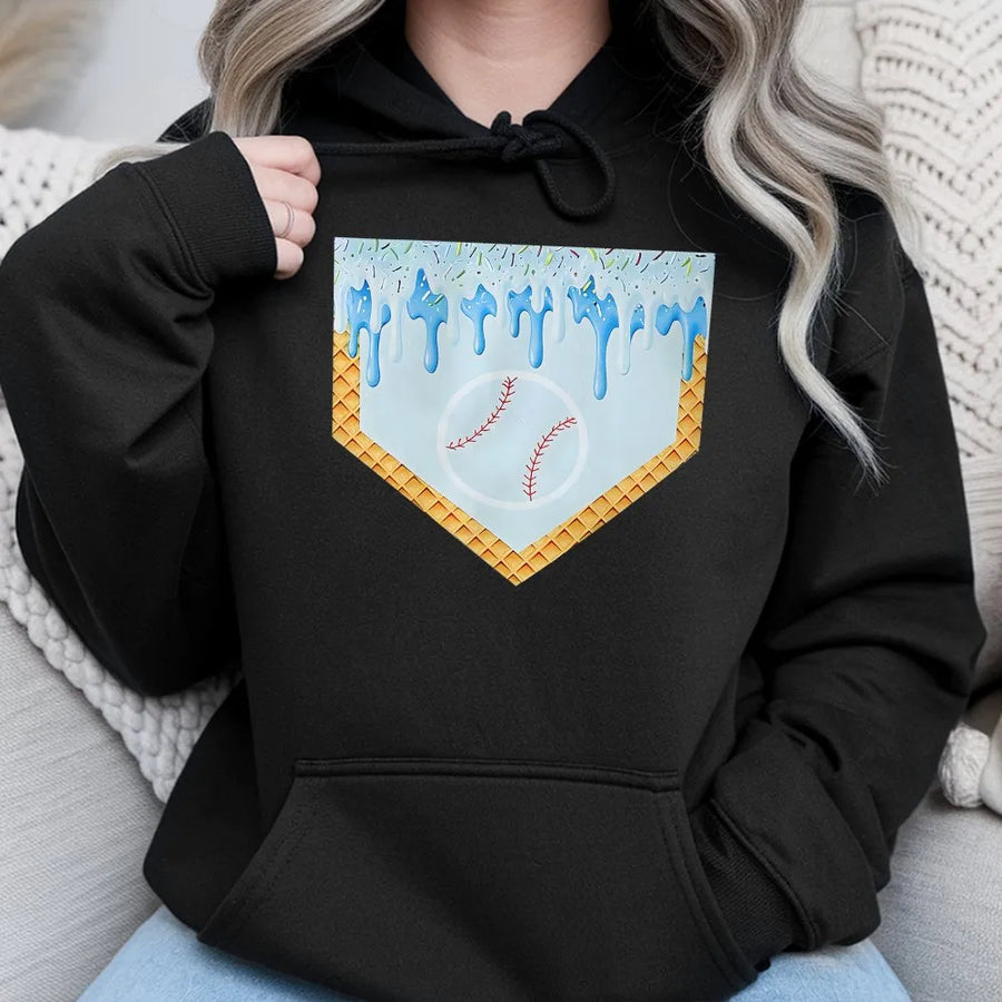 Baseball Ice Cream Hoodie | Melting Home Plate Graphic | Soft Cotton Blend Pullover | Unique Gift for Baseball Players & Fans