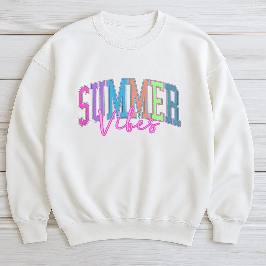 Summer Vibes Sweatshirt | Colorful Retro Graphic Pullover | Soft Cotton Blend | Trendy Beach Vacation Gift for Her
