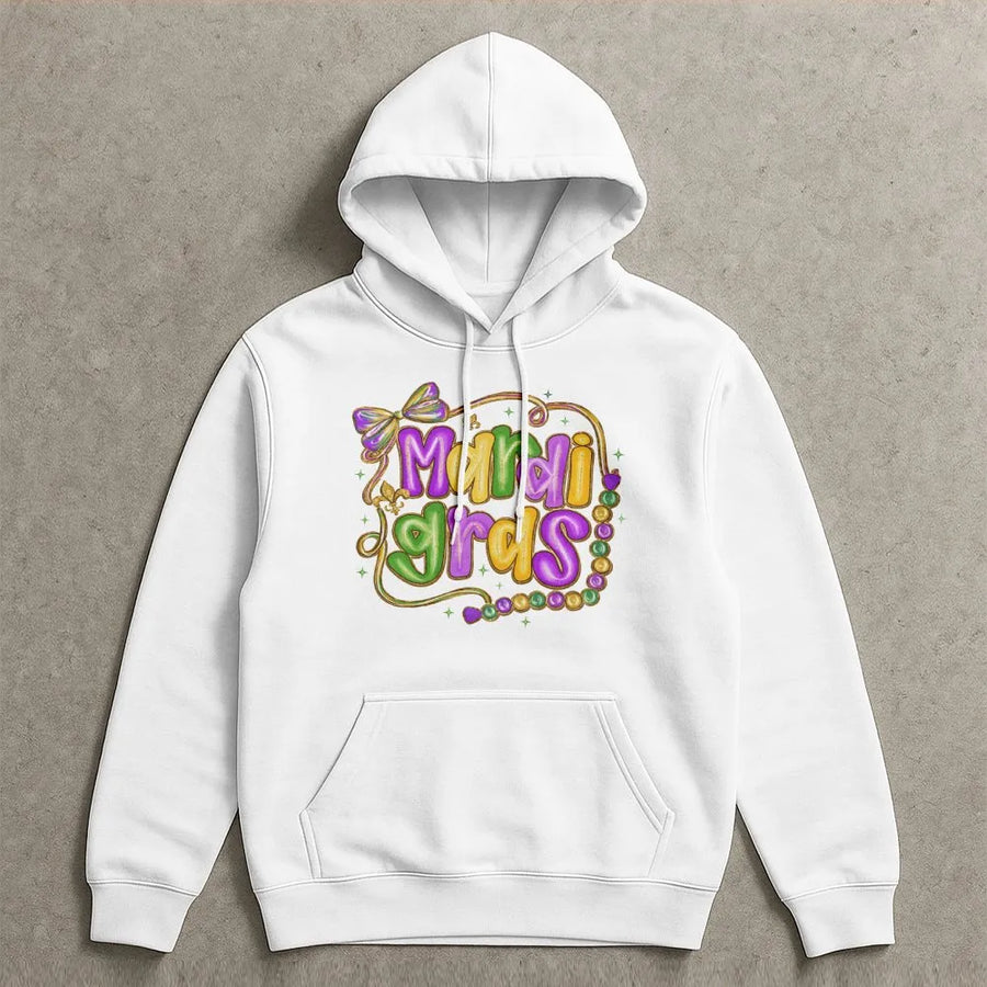 Mardi Gras Hoodie | Carnival Beads & Bow Graphic Design | Premium Cotton Blend | Festive New Orleans Party Apparel Gift For Her