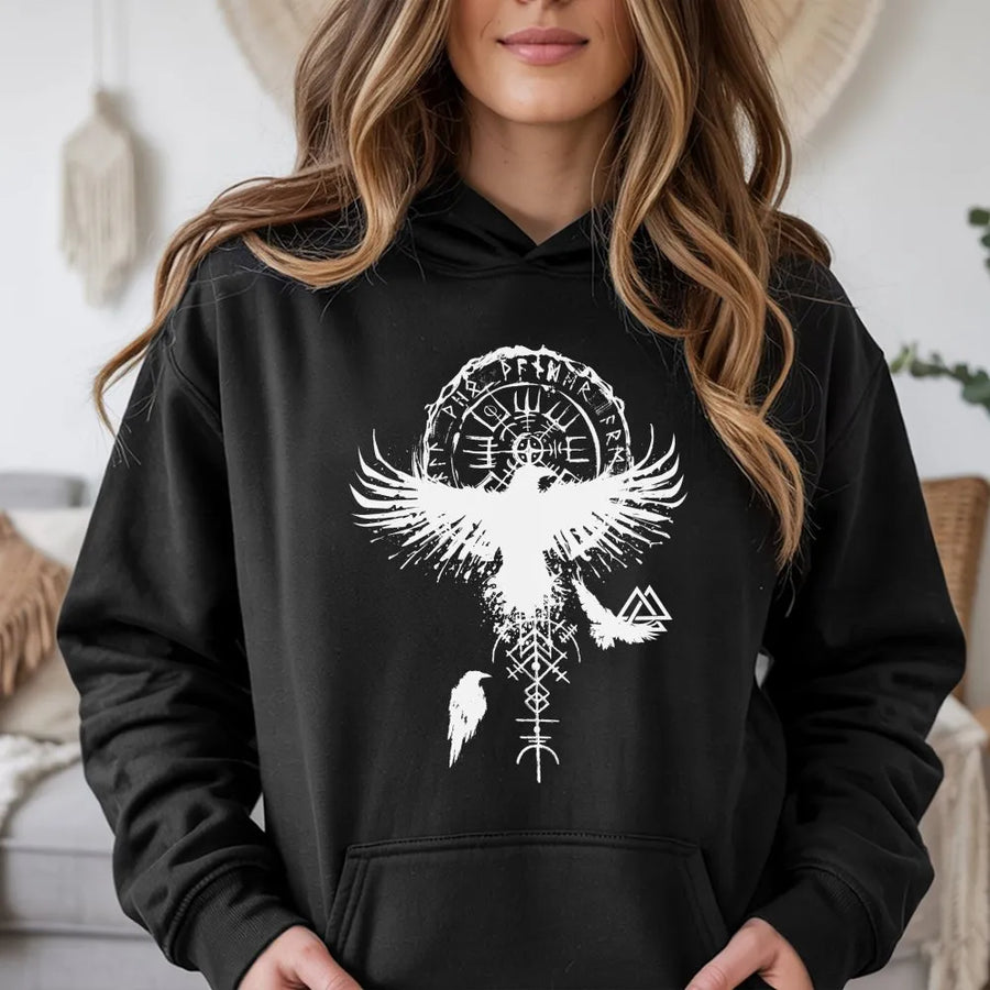 Viking Raven Hoodie | Vegvisir Norse Compass & Runes Graphic | Premium Cotton Tee | Mythology Fan Gift