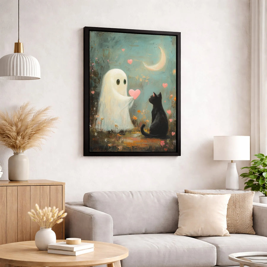 Cute Ghost and Black Cat Wall Art | Whimsical Romantic Moon Illustration | Premium 1.25" Gallery Canvas | Spooky Aesthetic Gift for Cat Lovers