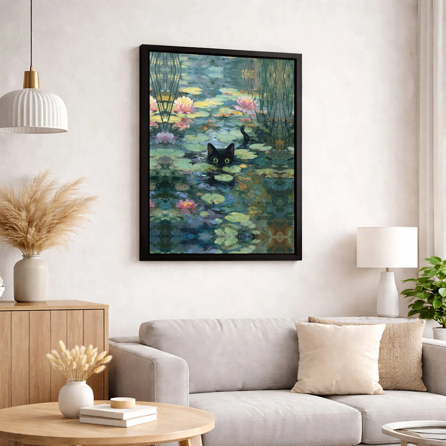 Black Cat in Water Lilies Canvas Wall Art | Impressionist Pond Painting Print | 1.25-Inch Gallery Wrap | Whimsical Home Decor Gift for Cat Lovers
