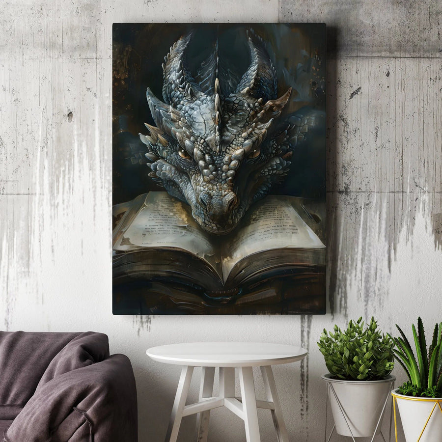 Ancient Dragon Reading Book Canvas | Mythical Beast Fantasy Wall Art | Premium Gallery Wrap Decor | Gift for Fantasy Readers and Nerds