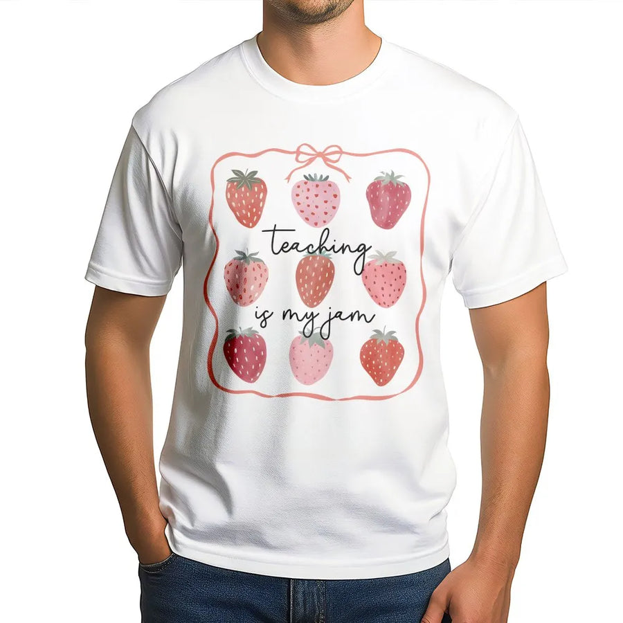 Teaching Is My Jam T-Shirt | Cute Strawberry Graphic Crewneck | Premium Cotton Blend | Teacher Appreciation Gift, Back to School Outfit