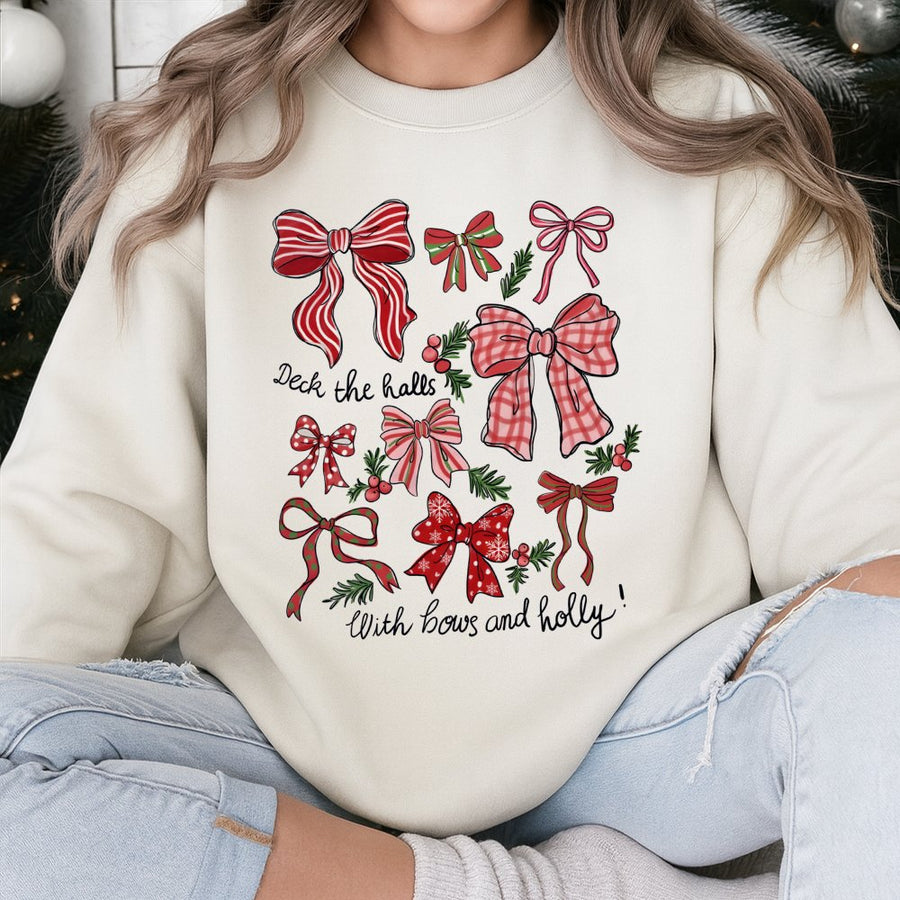 Christmas Bows Sweatshirt | Deck The Halls Graphic Design | Premium Cotton Blend | Holiday Gift For Her
