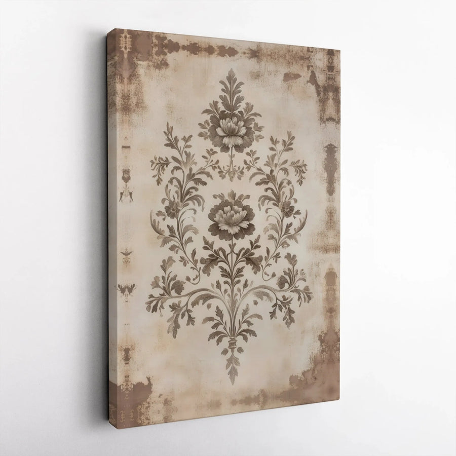 Vintage Damask Wall Art | Distressed Sepia Floral Canvas Print | 1.25" Premium Gallery Wrapped | Elegant Home Decor for Living Room