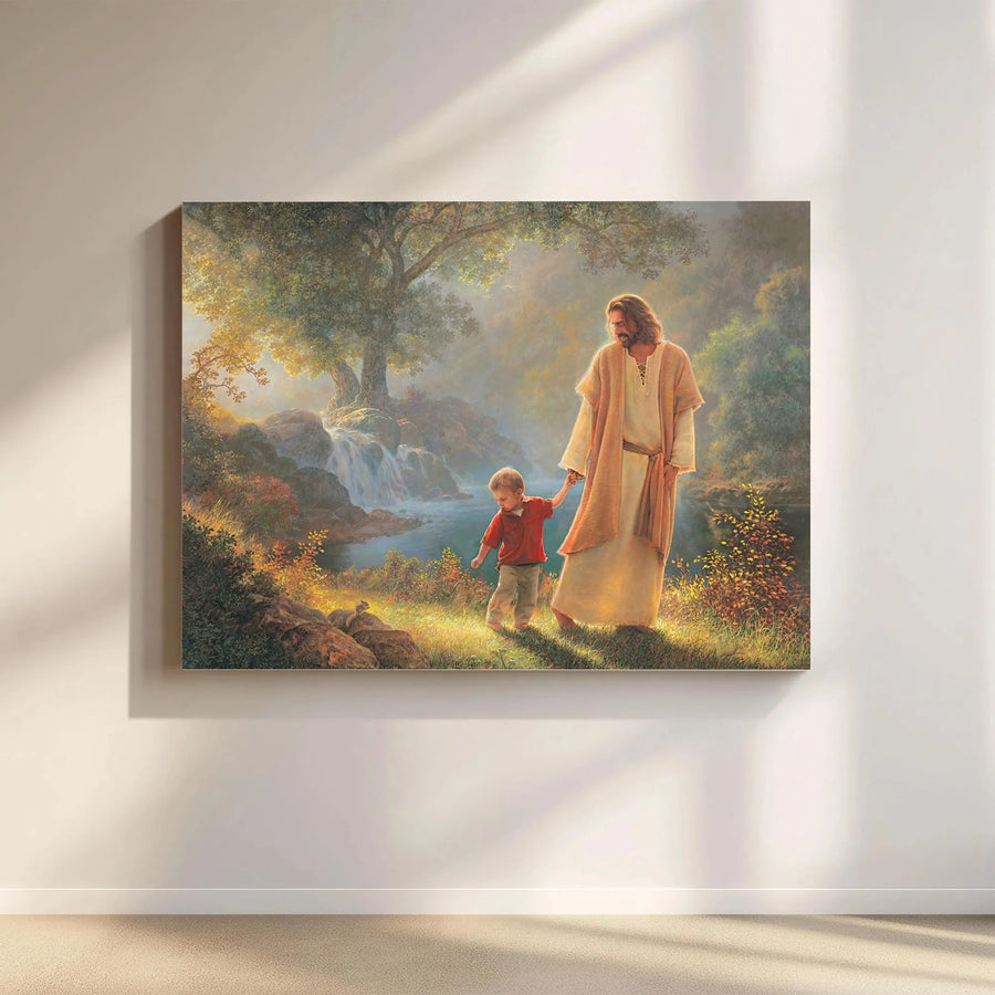 Jesus Walking With Child Canvas Print | Religious Waterfall Wall Art | Premium Gallery Wrapped Decor | Christian Home Gift For Nursery