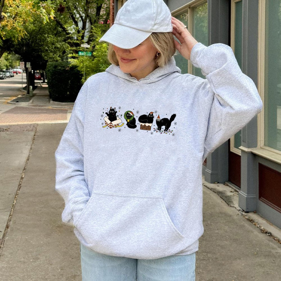 Christmas Black Cat Hoodie | Festive Kittens Holiday Graphic | Cotton-Blend Premium Quality | Cozy Gift for Cat Lovers & Pet Moms