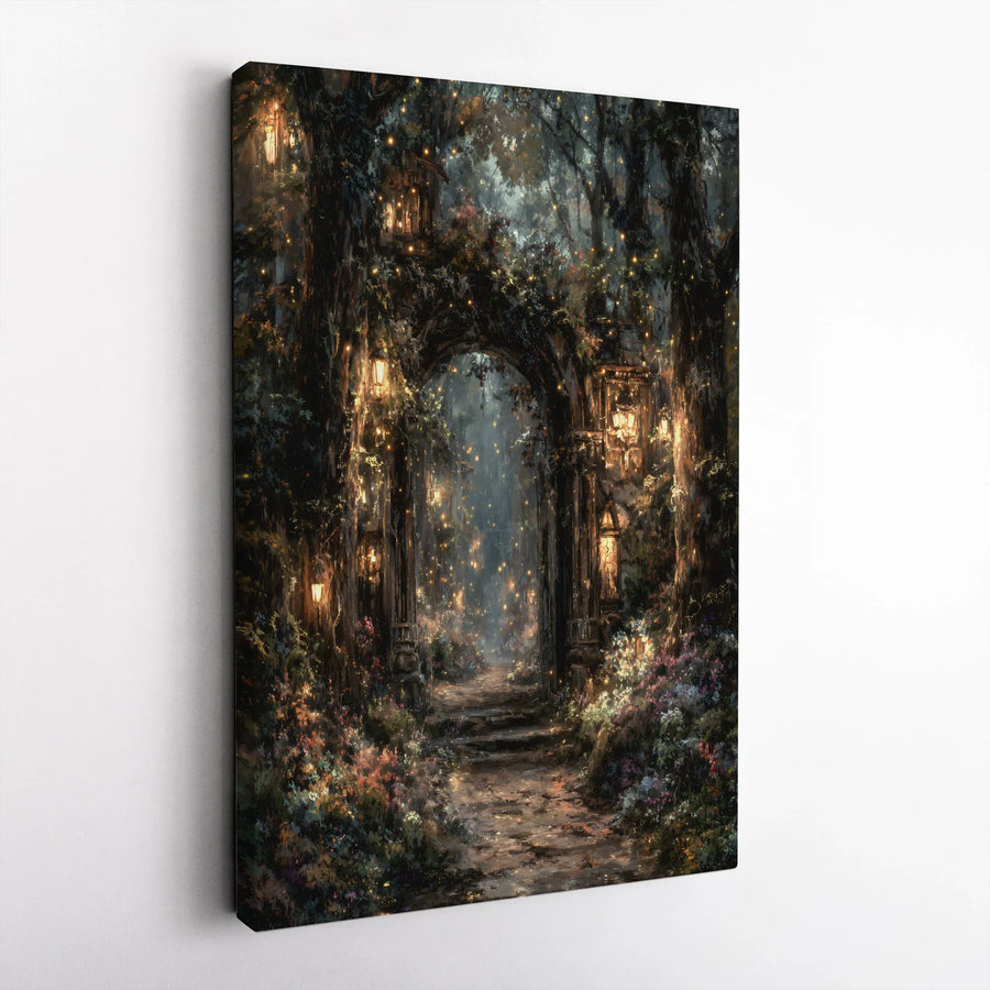 Enchanted Forest Canvas Wall Art | Magical Gateway with Glowing Lanterns | Premium Frameless Gallery Wrap | Fantasy Home Decor Gift