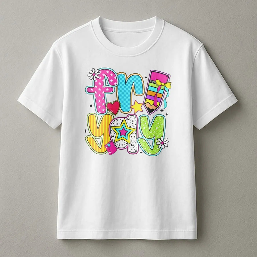 Friyay Teacher T-Shirt | Cute Retro School Supplies Graphic | Premium Cotton Unisex Tee | Funny Friday Gift for Elementary Kindergarten Teachers