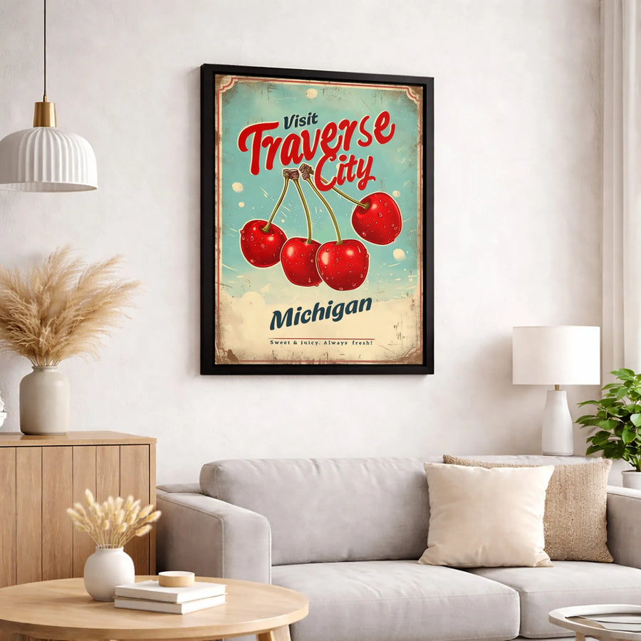 Traverse City Michigan Cherry Poster | Vintage Travel Wall Art | Premium Gallery-Wrapped Canvas | Gift for Michigan Lovers and Foodies