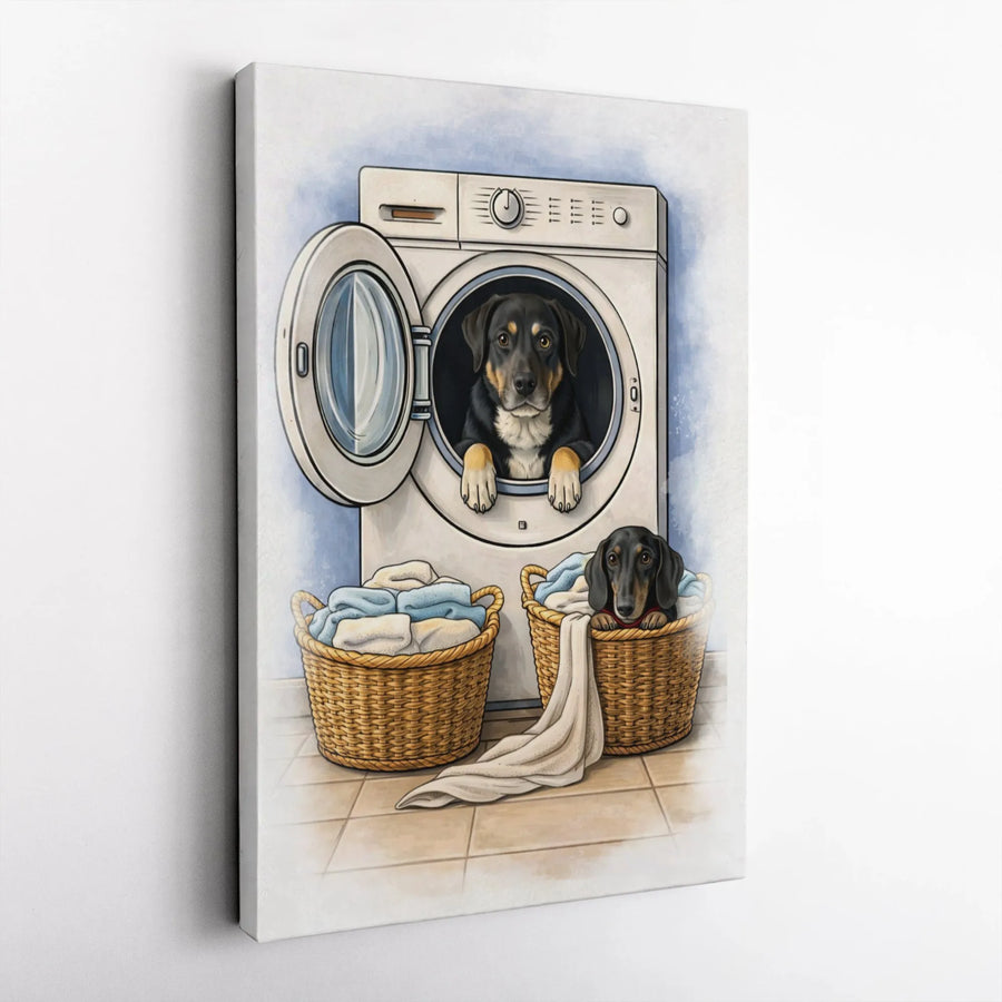 Dog Laundry Room Canvas Wall Art | Rottweiler and Dachshund Funny Pet Portrait | Gallery-Wrapped Premium Decor | Cute Animal Home Gift for Dog Lovers