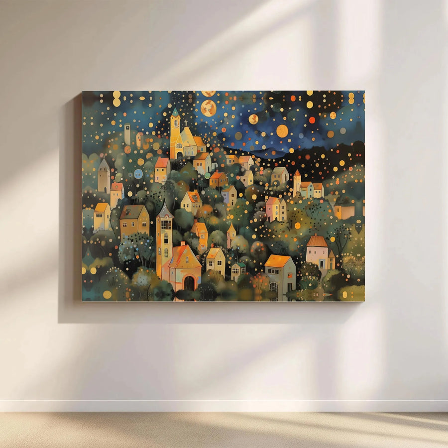 Whimsical Village Canvas Wall Art | Enchanted Night Sky Hillside Town | Premium Gallery Wrap Canvas | Living Room Wall Decor Gift