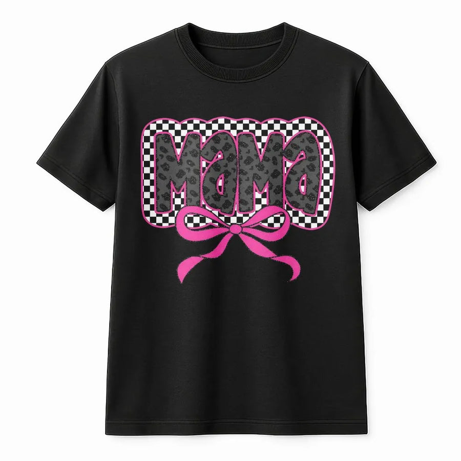 Coquette Mama T-Shirt | Leopard Checkered Pink Bow Graphic | Premium Crewneck Pullover | Trendy Gift for New Mom