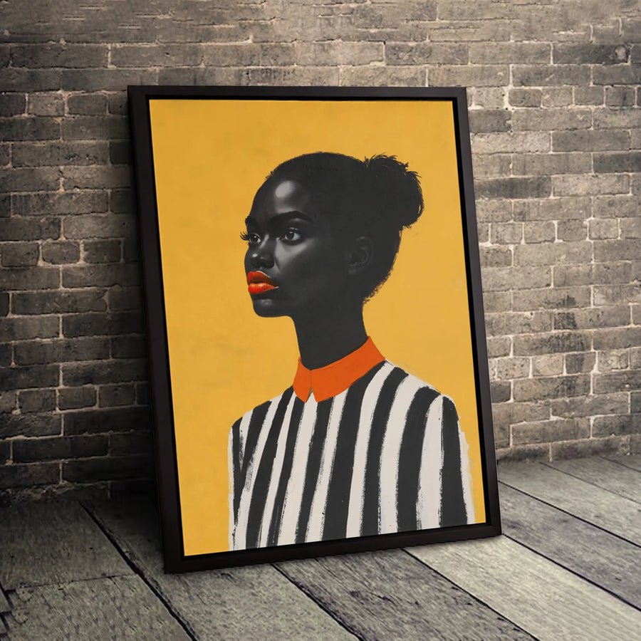 Black Woman Portrait Canvas Art | Minimalist Striped Outfit With Orange Accents | Premium Gallery Wrap Wall Decor | Modern Living Room Gift