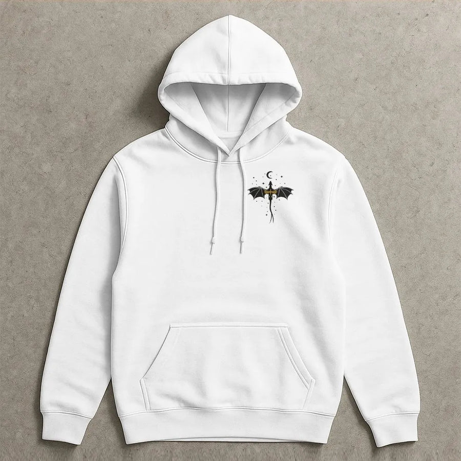 Minimalist Dragon Hoodie | Celestial Sword Dragon Chest Graphic | Premium Cotton Blend | Fantasy Reader Gift