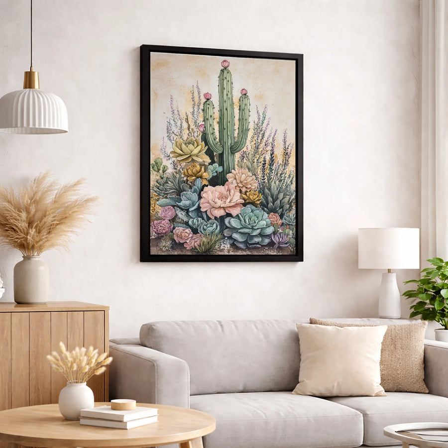 Watercolor Desert Garden Canvas Wall Art | Saguaro Cactus and Succulents Print | Gallery-Quality 1.25" Profile | Botanical Home Decor for Living Room