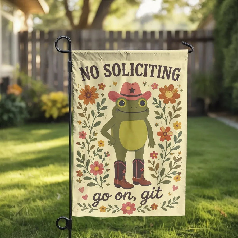 Funny No Soliciting Garden Flag | Whimsical Cowboy Frog Go On Git Design with Retro Florals | Double Sided Premium Polyester | Hilarious Housewarming Gift for Outdoor Yard Patio Decor