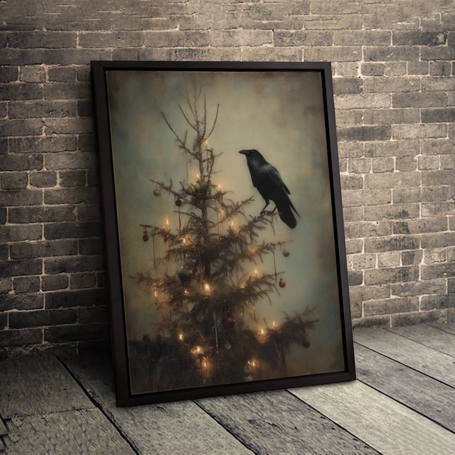 Gothic Raven Christmas Tree Wall Art | Moody Dark Academia Holiday Decor | Premium Fade-Resistant Canvas | Unique Winter Home Gift