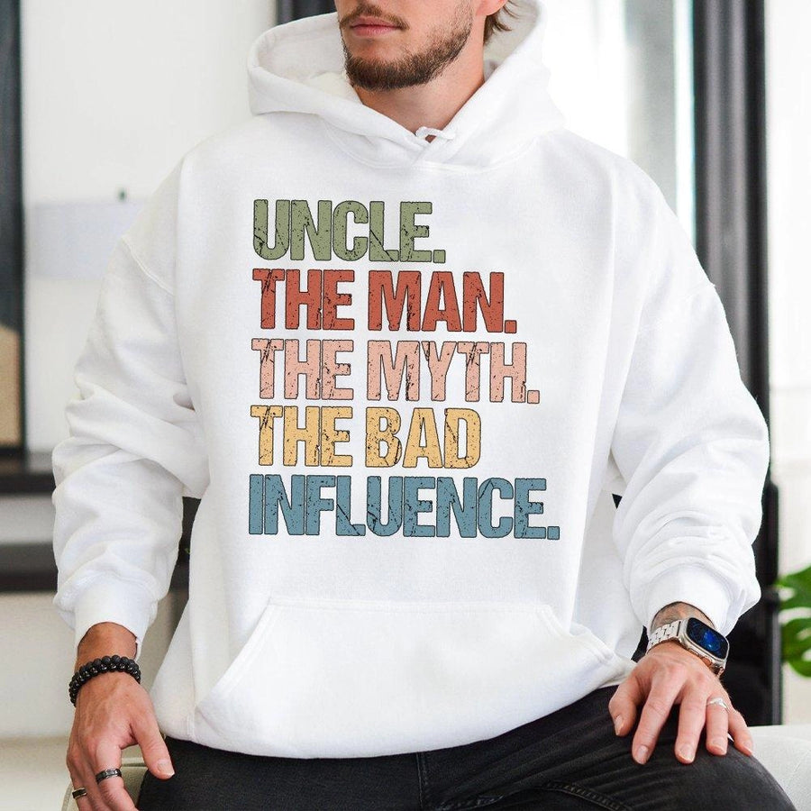 Uncle The Man The Myth The Bad Influence Hoodie | Distressed Retro Graphic | Premium Cotton-Poly Blend | Funny Gift for Uncle Birthday