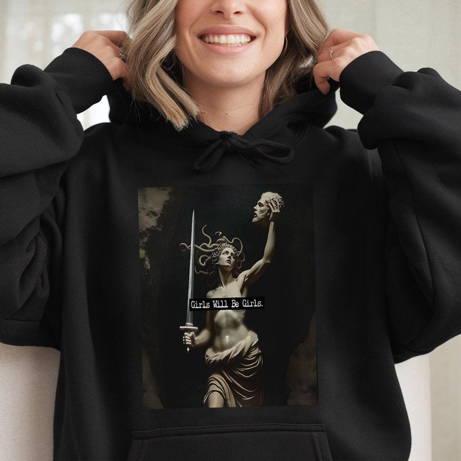 Medusa Graphic Hoodie | Girls Will Be Girls Feminist Art | Soft Cotton Blend Sweatshirt | Dark Academia Gift for Women