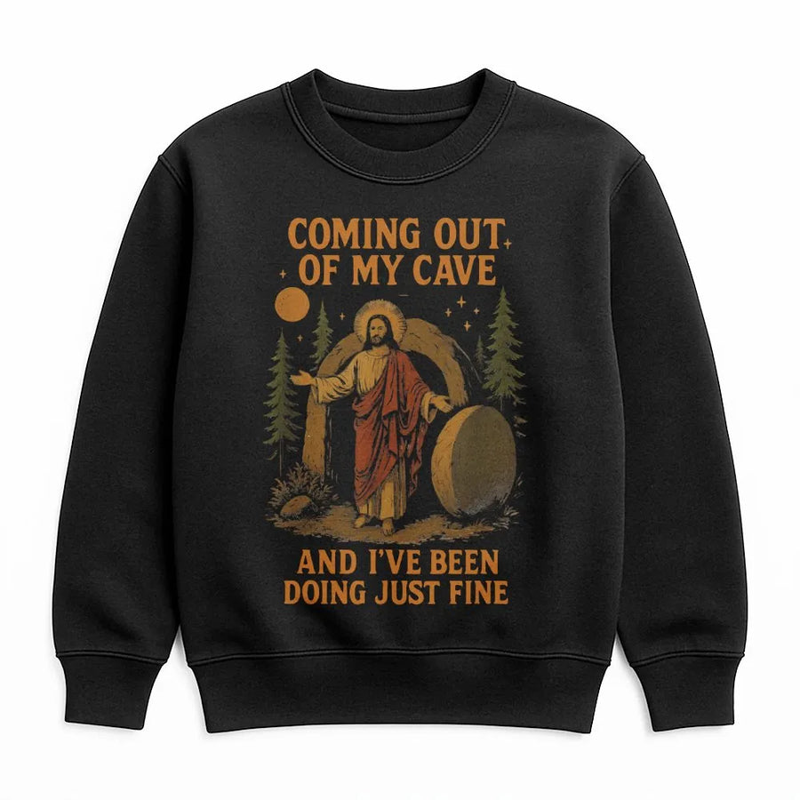 Funny Easter Sweatshirt | Jesus Coming Out Of My Cave Meme Graphic | Premium Cotton Blend Crewneck | Religious Humor Gift For Christian
