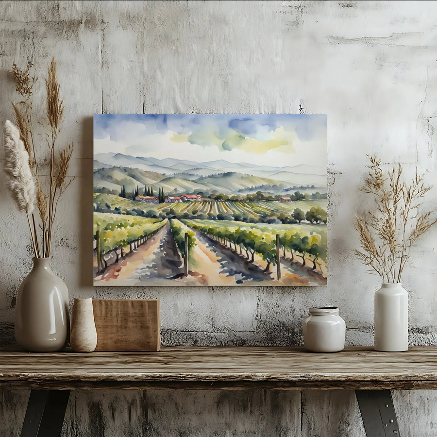 Watercolor Vineyard Landscape Canvas | Rolling Hills Tuscan Scene | Premium 1.25 Inch Gallery Wrap | Home Decor Wall Art Gift for Wine Lovers