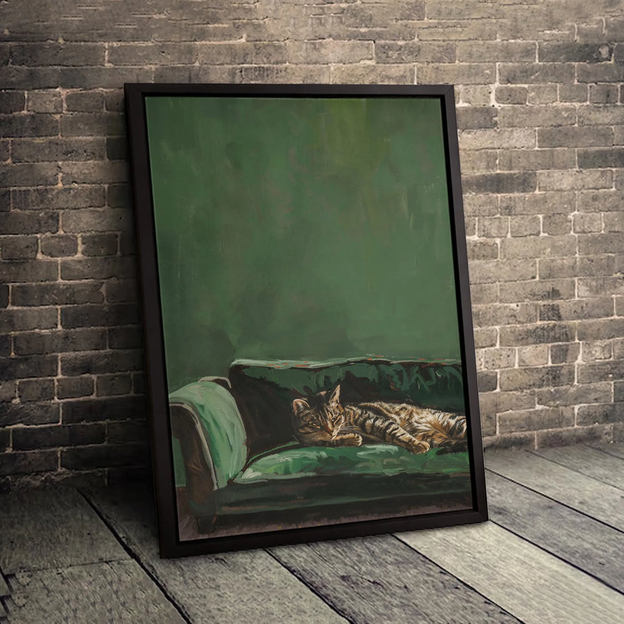 Sleeping Tabby Cat Canvas Print | Moody Green Sofa Oil Painting Style | 1.25-Inch Premium Gallery Wrap | Whimsical Animal Wall Art Gift
