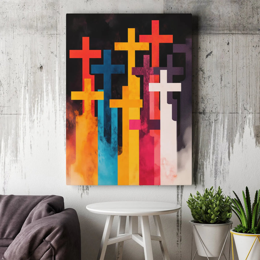 Colorful Christian Cross Canvas Art | Abstract Religious Wall Decor | Premium Gallery Wrap Print | Modern Spiritual Gift for Home and Church