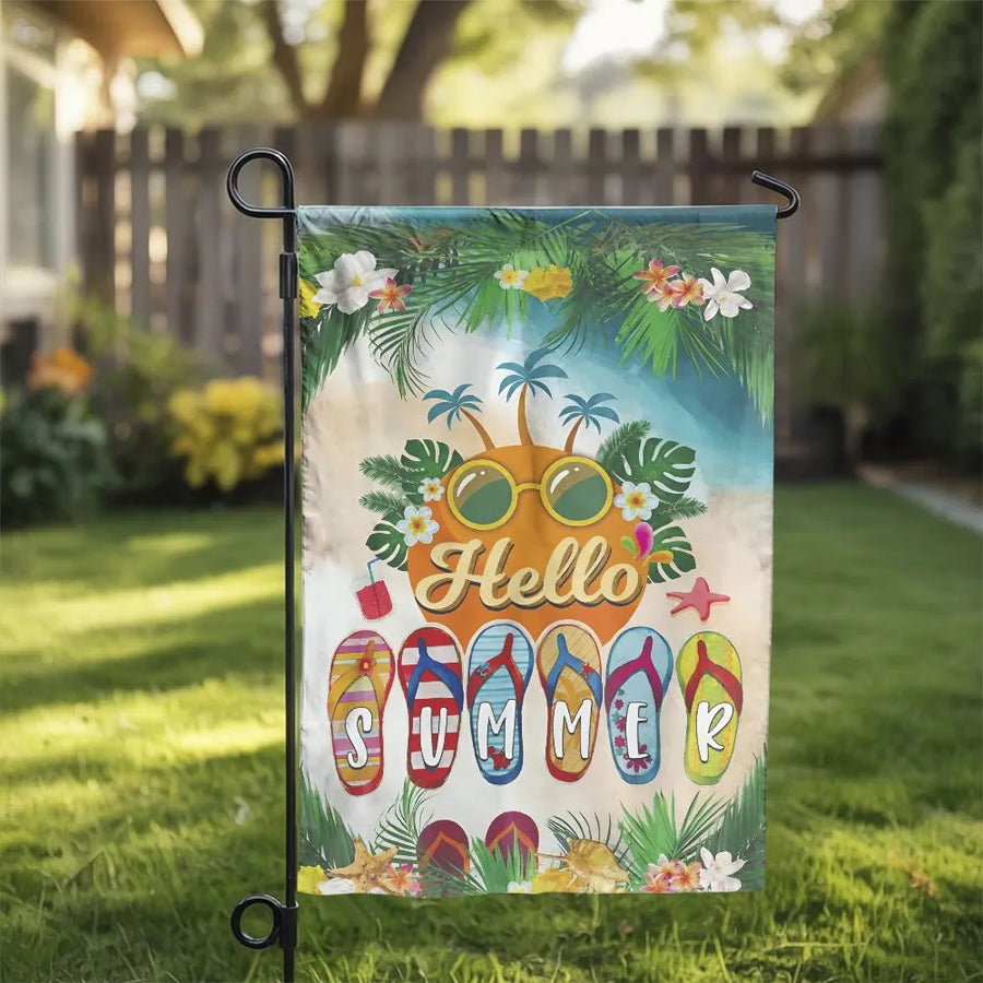 Hello Summer Garden Flag | Tropical Beach & Flip Flop Design | Double-Sided Decorative Flag | Outdoor Yard & Patio Decor Gift
