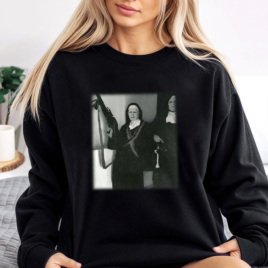 Nun With Gun Sweatshirt | Edgy Vintage Graphic Pullover | Premium Cotton Blend | Funny Streetwear Gift For Men And Women