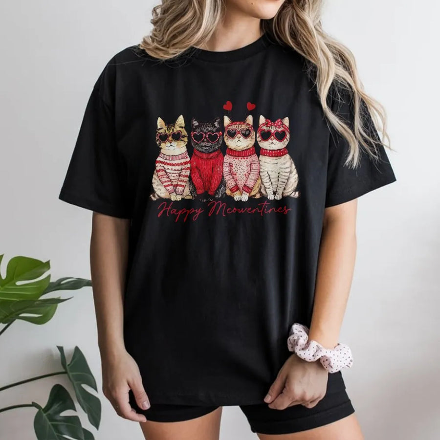 Valentine Cat T-Shirt | Happy Meowentines Graphic | Soft Cotton Premium Tee | Cute Animal Gift for Cat Lovers