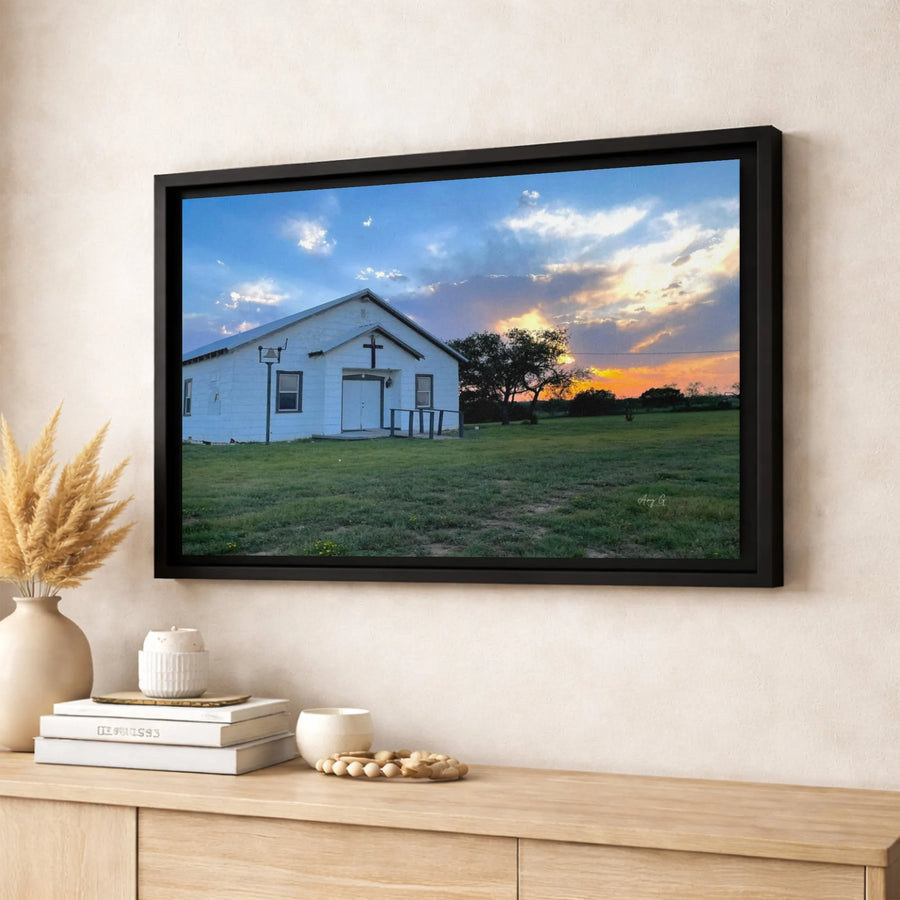Rural Country Church Canvas | White Chapel Sunset Landscape | Gallery Quality Wall Art | Religious Farmhouse Decor Gift