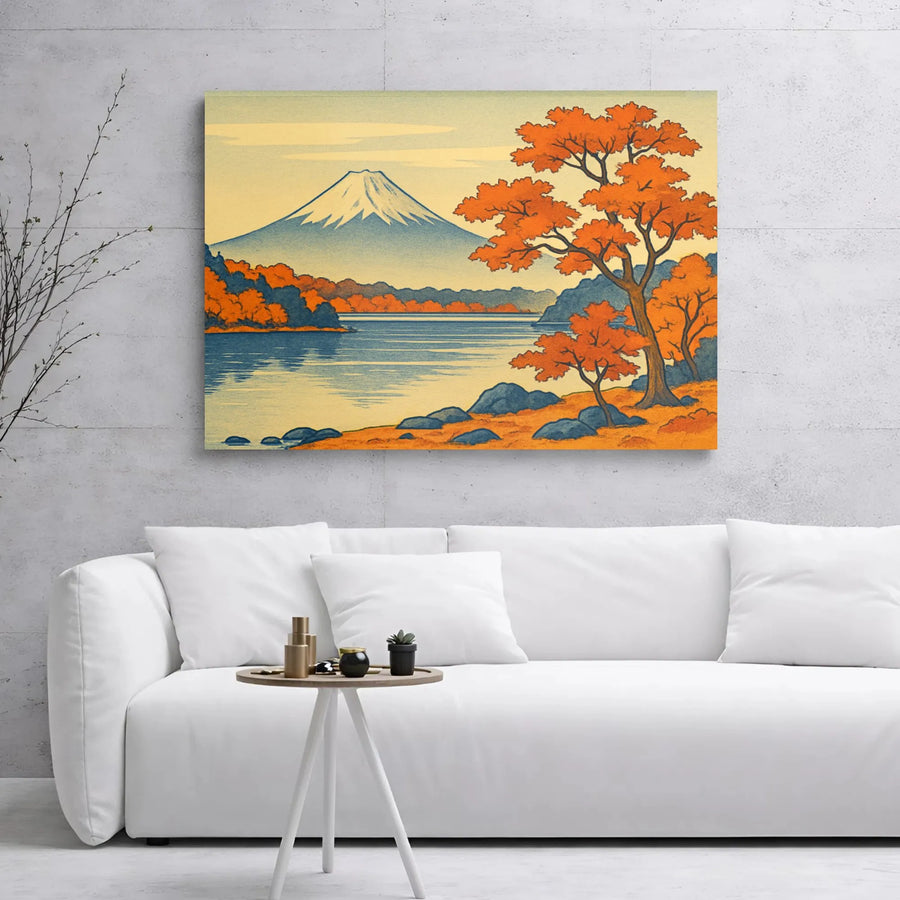 Mount Fuji Canvas Wall Art | Japanese Ukiyo-E Autumn Landscape | Premium Gallery Wrap Print | Zen Home Office Decor Gift