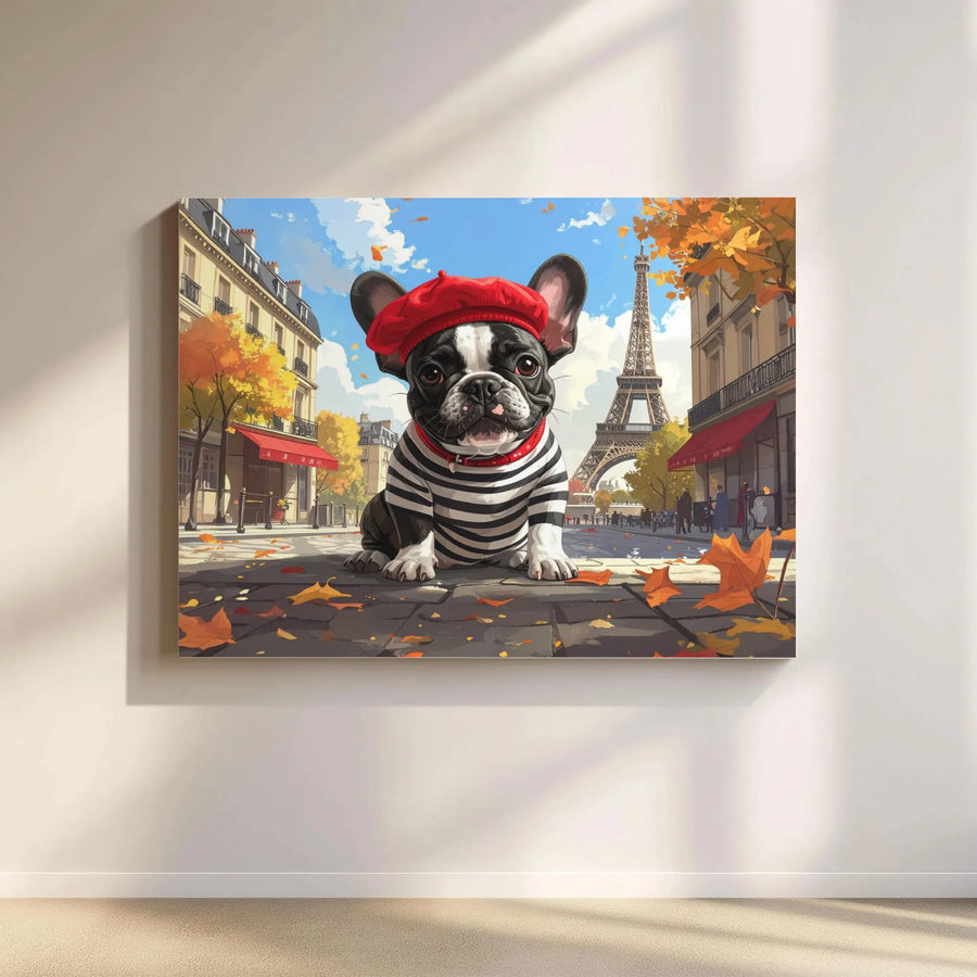 French Bulldog Paris Canvas Wall Art | Whimsical Frenchie in Red Beret | Premium Gallery Wrapped Canvas | Gift for Dog Lover & Parisian Home Decor